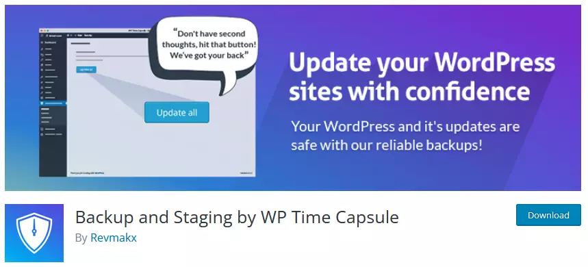 Screenshot of WP Time Capsule listing in the WordPress repository, highlighting its features and user reviews as a reliable WordPress backup plugin