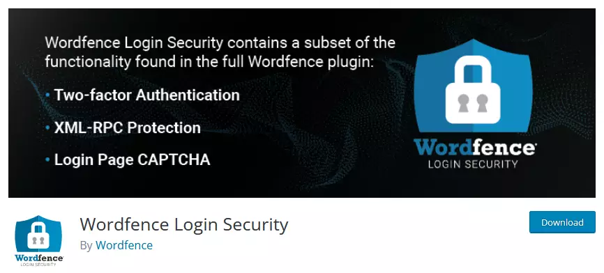  screenshot of the Wordfence login security plugin on the WordPress repository, displaying the plugin's key features for two-factor authentication.