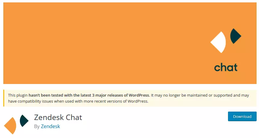 Screenshot displaying the Zendesk WordPress live chat plugin on the WordPress repository, showcasing its branding, plugin information, and the name of the developer.
