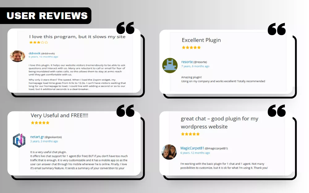 User reviews for the Zendesk WordPress live chat plugin, showcasing real user experiences.