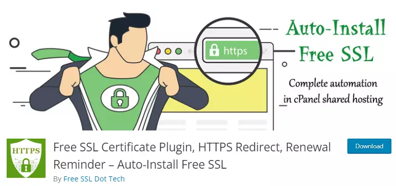 Snapshot of the Auto-install Free SSL plugin page on the WordPress repository, showcasing plugin features, branding and developer information - Automated solution for free SSL certificate installation in WordPress.