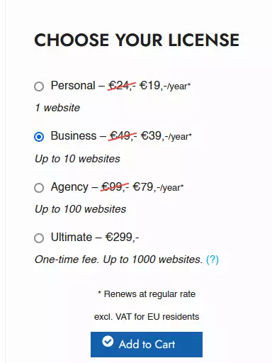 Screenshot of CAOS plugin's pricing plans - presenting cost-effective choices for users seeking an optimized Google Analytics experience on WordPress with additional privacy-friendly features.
