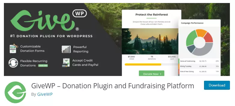 Screenshot of GiveWP plugin in WordPress repository, a top choice for managing donations on your nonprofit website.