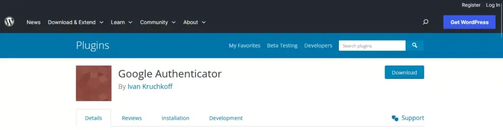 Screenshot of the Google Authenticator plugin listing on the WordPress repository, showcasing its description, reviews, and active installations.