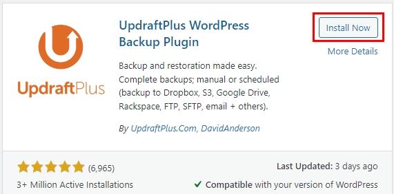 Screenshot illustrating the 'Install Now' button being clicked on a selected WordPress backup plugin, an essential step in securing your WordPress website with the right backup solution.