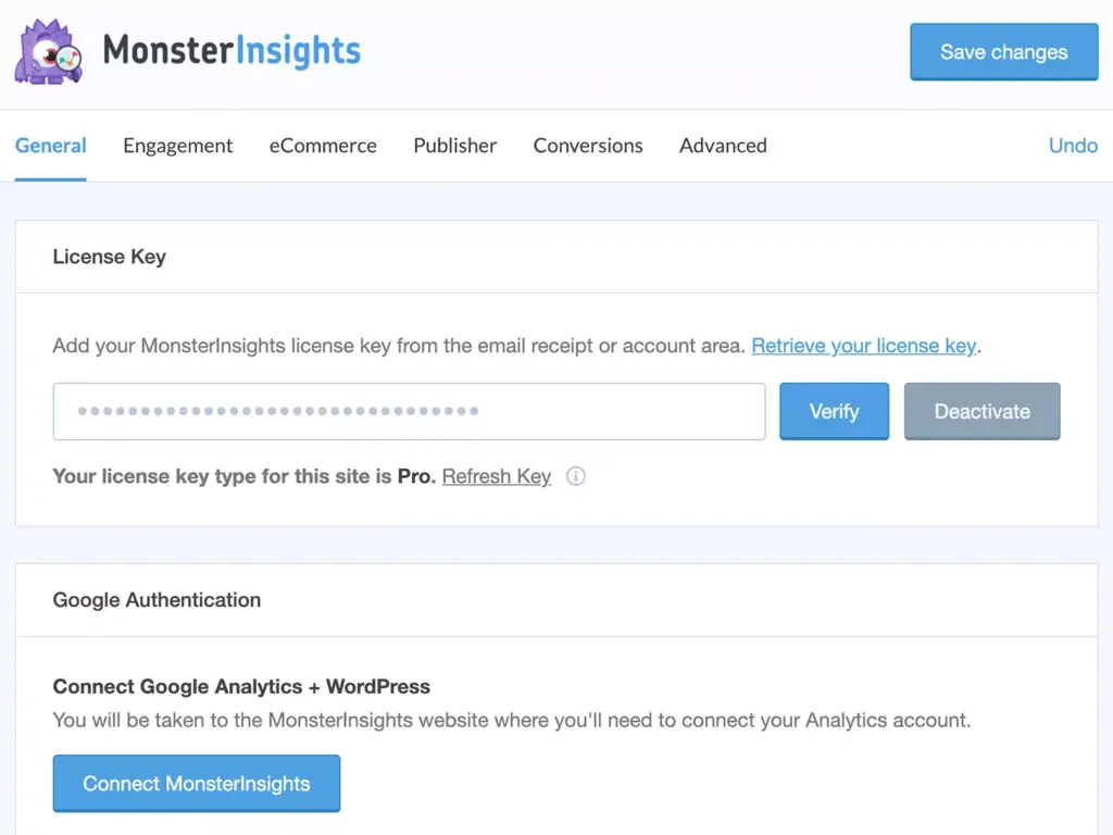 Screenshot showing the configuration settings page of the MonsterInsights plugin - a comprehensive guide for users who want to customise and optimise their Google Analytics tracking using the popular MonsterInsights plugin.