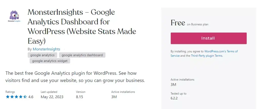 Screenshot detailing the step-by-step process to install a Monsterinsight plugin from the WordPress dashboard - a useful guide for users seeking to add a new Google Analytics plugin to their WordPress website.