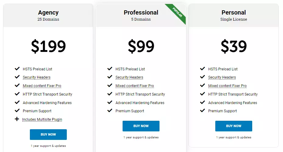 Screenshot displaying various pricing plans of the Really Simple SSL plugin, offering a range of features for different WordPress security needs - Understanding the value of premium SSL protection.