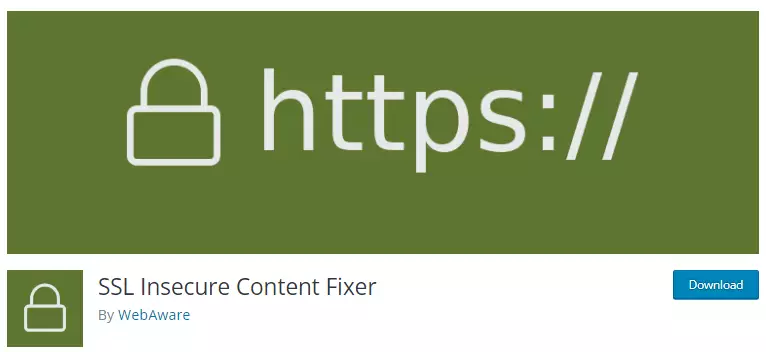 Screen capture of the SSL Insecure Content Fixer plugin in the WordPress repository, showcasing developer details and plugin features - Solution for fixing insecure content on WordPress websites.