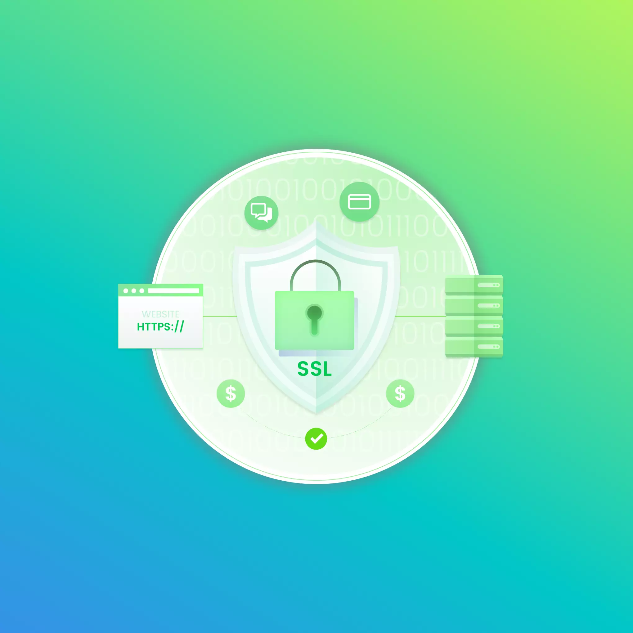 website page securely locked with SSL plugin, shield symbolizing robust data protection, server icon reflecting secure and encrypted data transmission, signifying the use of SSL plugins for WordPress.