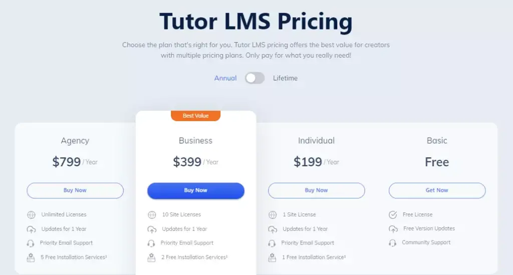 Screenshotted image displaying the diverse pricing plans offered by Tutor LMS, illustrating options tailored to various user needs and budgets.
