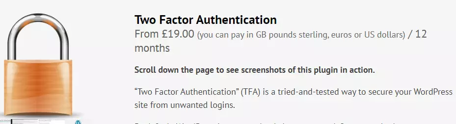 Image displaying the pricing plan of the Two Factor Authentication plugin.