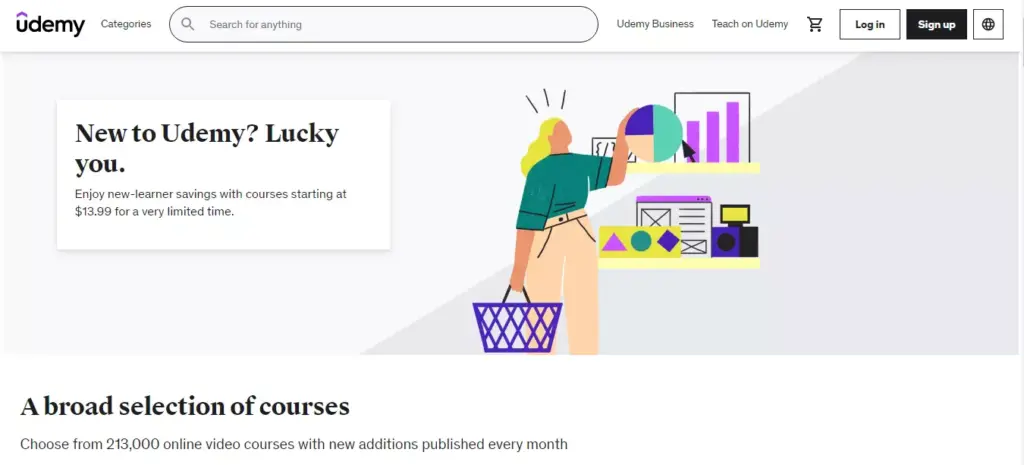 Screenshot of the Udemy homepage, a renowned online course marketplace, serving as an example of a successful LMS website.
