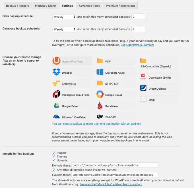 Screenshot of the UpdraftPlus plugin's configuration settings in the WordPress dashboard - illustrating the customizable backup options for users seeking to protect and manage their WordPress site data