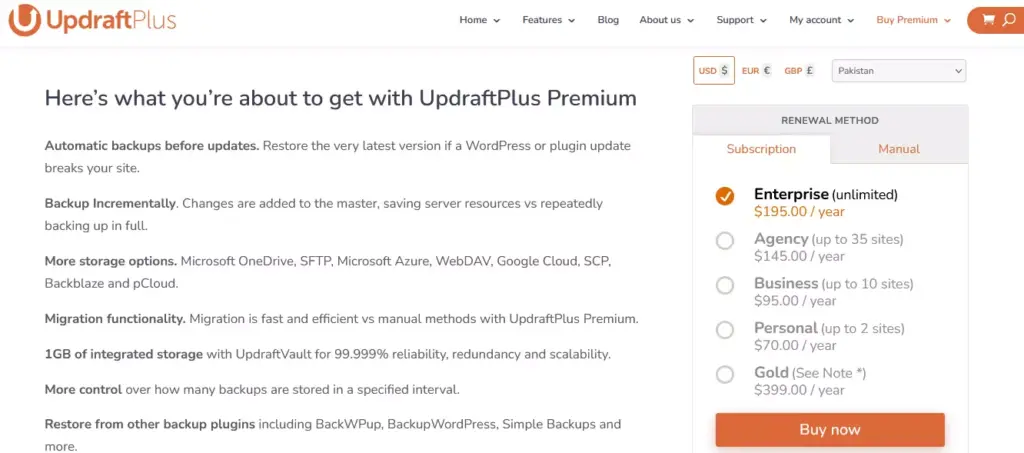 Screenshot displaying the pricing tiers for the UpdraftPlus WordPress Backup Plugin, showcasing options for varied website needs