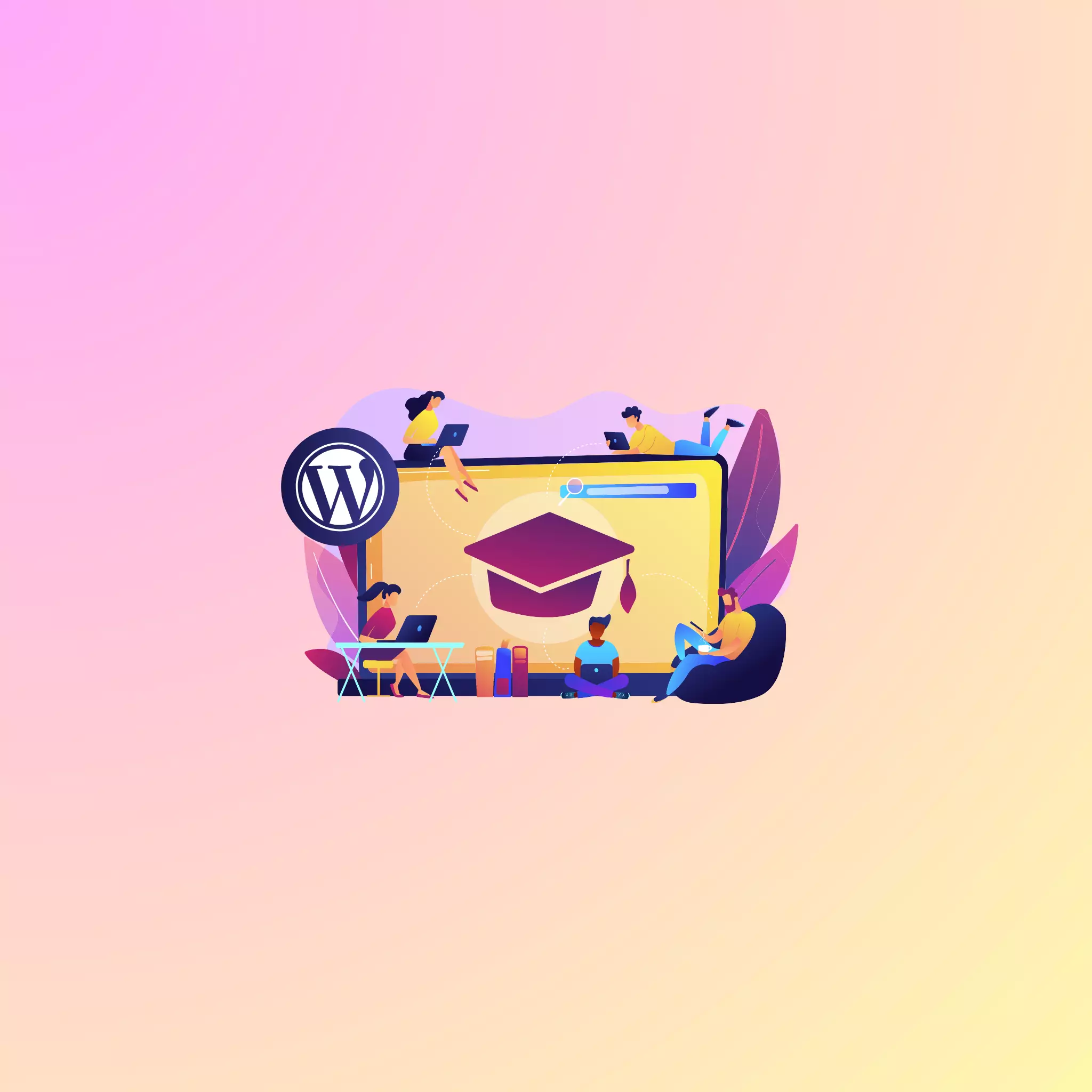 Illustration of tiny people collaboratively working around a large laptop screen showcasing an LMS interface, hinting at the concept of the best wordpress lms plugins with the WordPress logo prominently featured.