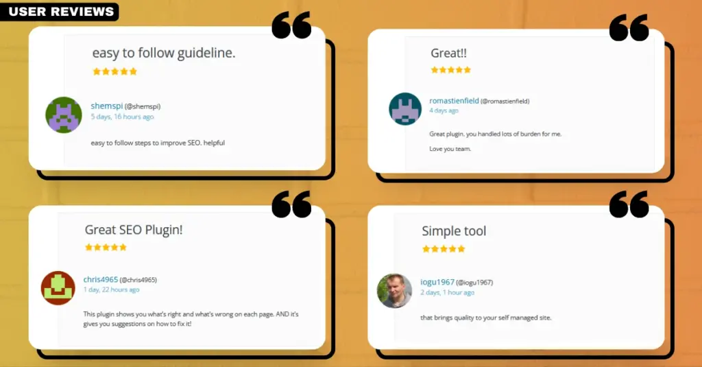 Screenshot of user reviews for the AIOSEO plugin, reflecting its reputation as a top-rated WordPress table of contents plugin