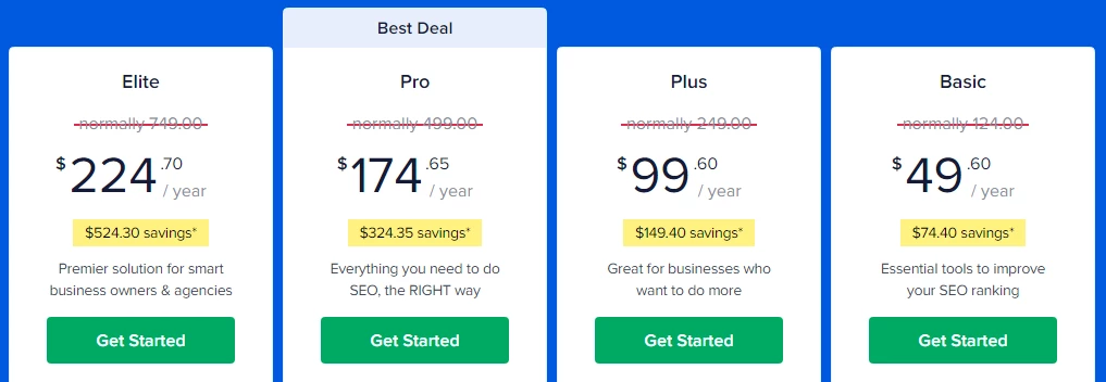 Screenshot displaying the pricing plans of the AIOSEO plugin