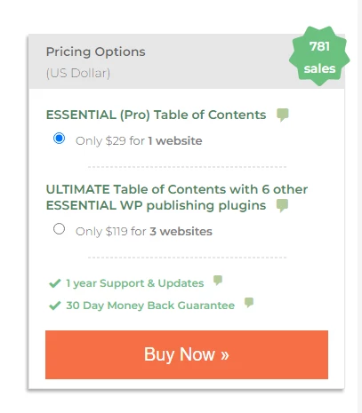 Screenshot displaying the pricing details of the CM Table of Contents plugin