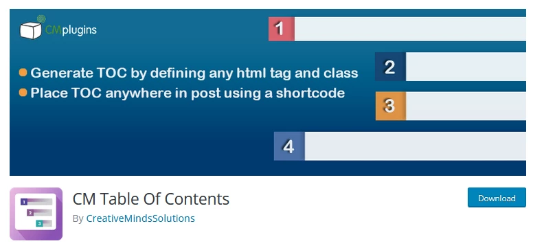 Screenshot of the CM Table of Contents plugin's website, highlighting its features as one of the leading WordPress table of contents plugins