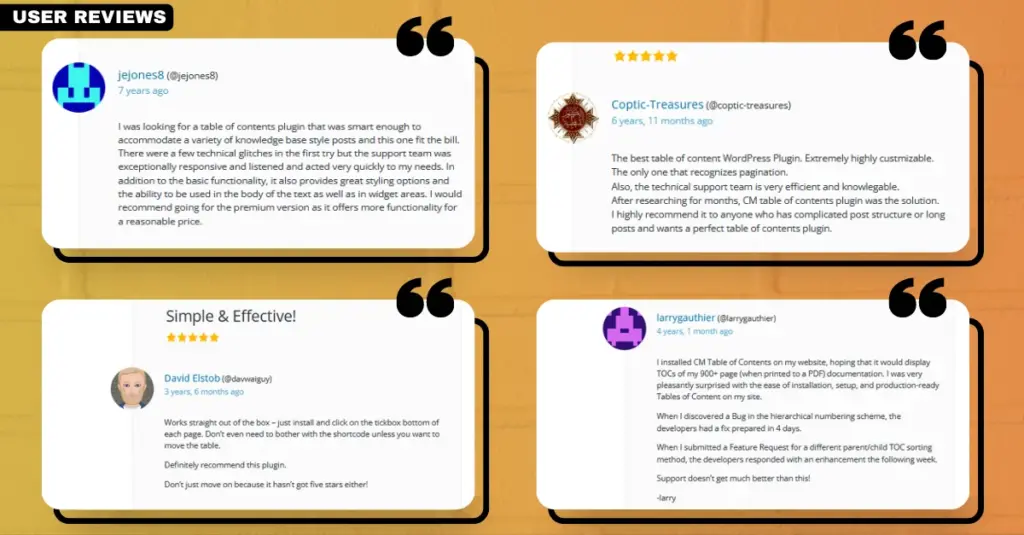 Screenshot of user reviews for the CM Table of Contents plugin, highlighting its positive reputation as a trusted WordPress table of contents plugin