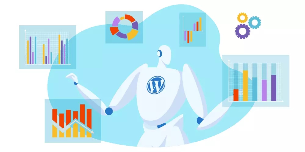 Illustration of a robot from WordPress analyzing holographic stats and trends, symbolizing the use of AI in WordPress for data-driven decision making and trend analysis.