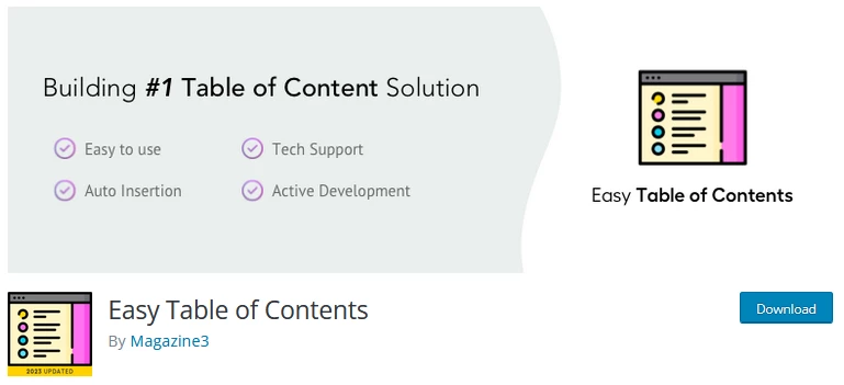 Screenshot of the Easy Table of Contents plugin's website, demonstrating its features as one of the leading WordPress table of contents plugins