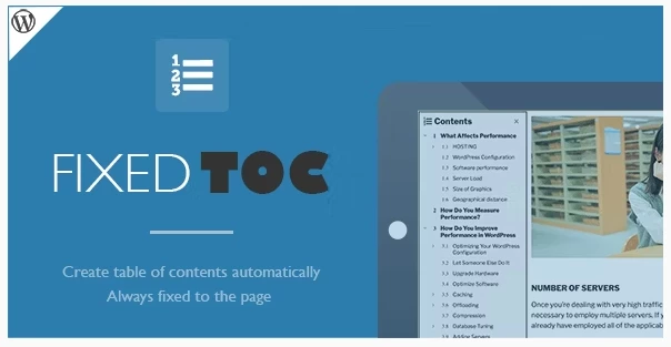 Screenshot of the Fixed TOC plugin's website, illustrating its features as one of the top WordPress table of contents plugins