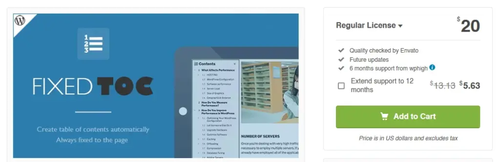 Screenshot showing the pricing plans of the Fixed TOC plugin