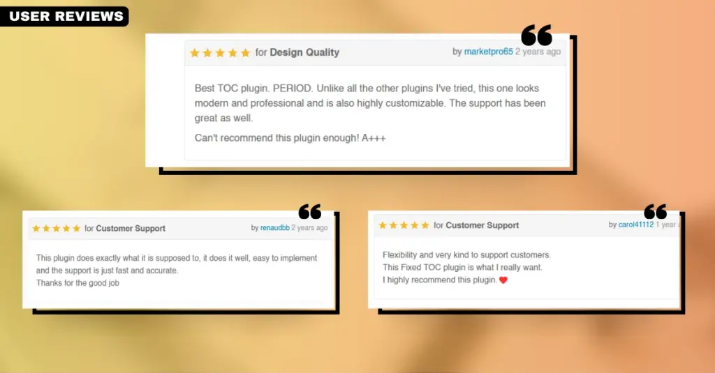 Screenshot of user reviews for the Fixed TOC plugin, showcasing its positive feedback and user satisfaction as a reliable WordPress table of contents plugin 