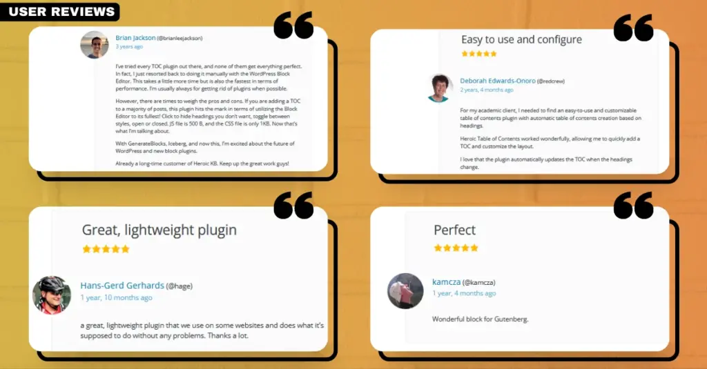 Screenshot of user reviews for the Heroic Table of Contents plugin, showcasing its high user satisfaction as a top WordPress table of contents plugin
