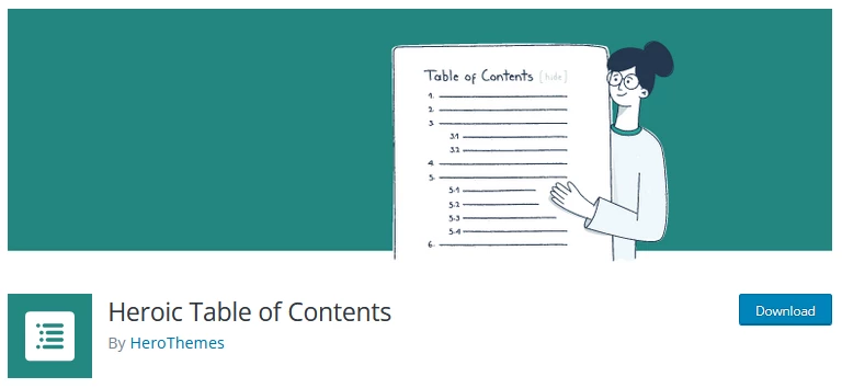 Screenshot of the Heroic Table of Contents plugin's website, highlighting its features as one of the top WordPress table of contents plugins