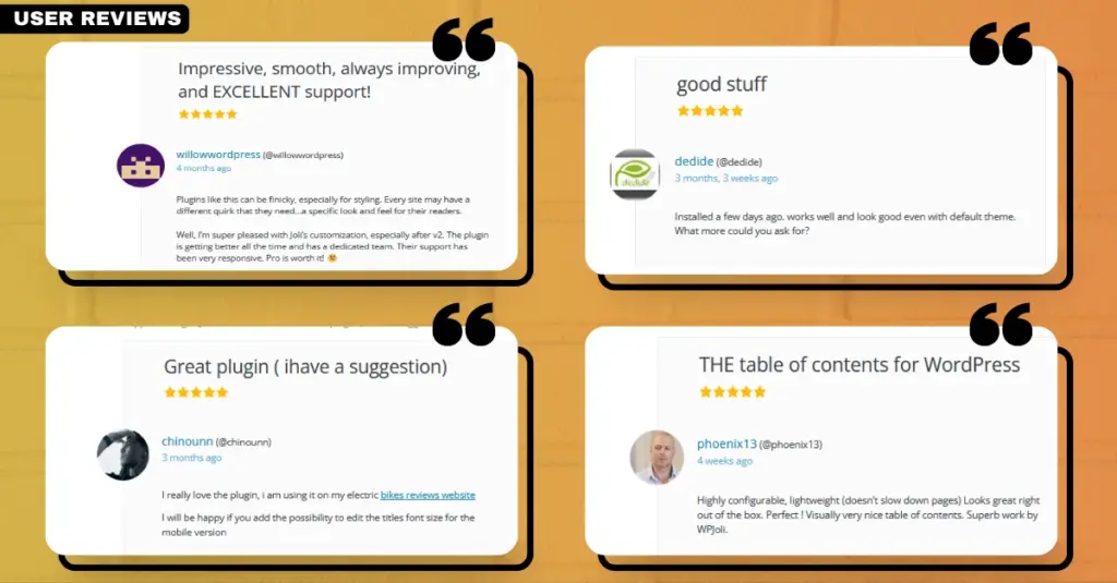 Screenshot of user reviews for the Joli Table of Contents plugin, reflecting its positive user feedback as a leading WordPress table of contents plugin