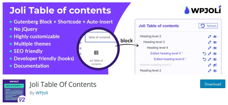 Screenshot of the Joli Table of Contents plugin's website, showcasing its features as one of the top WordPress table of contents plugins