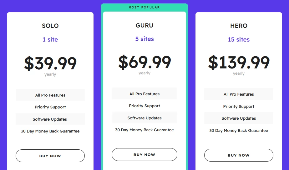 Screenshot showing the pricing plans of the Joli Table of Contents plugin