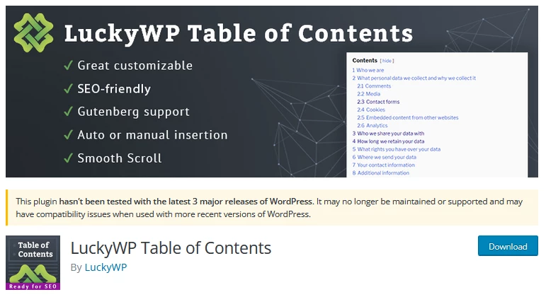 Screenshot of the LuckyWP plugin's website, highlighting its features as one of the best WordPress table of contents plugins