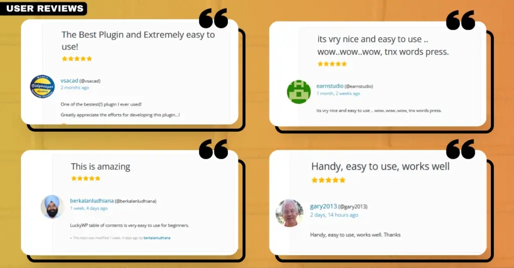 Screenshot of user reviews for the LuckyWP Table of Contents plugin, demonstrating its high user satisfaction as a leading WordPress table of contents plugin