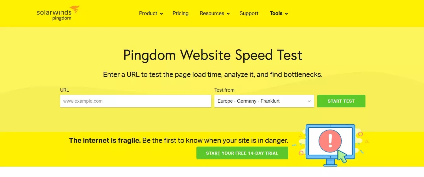 Screenshot of Pingdom, a comprehensive tool for monitoring and enhancing WordPress site speed and performance with edge computing.