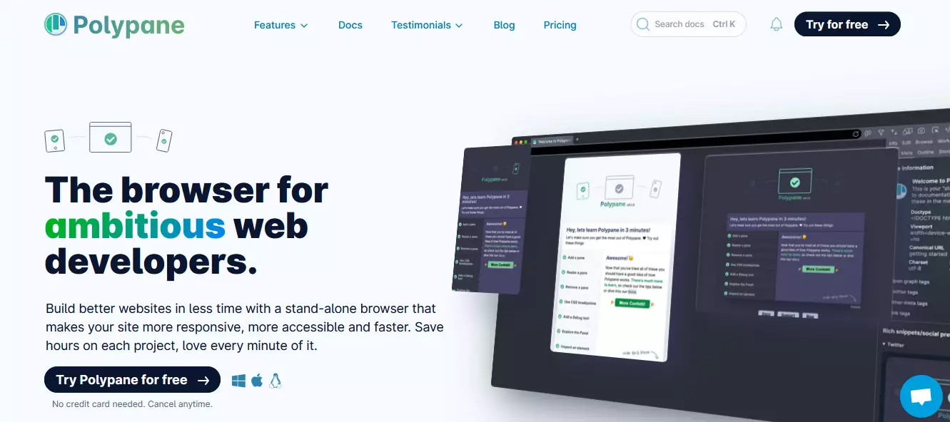 Screenshot of the Polypane website, showcasing the application of AI in WordPress for comprehensive website testing and optimization.
