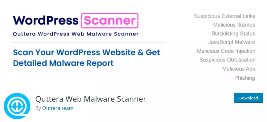 Screenshot of the Quttera Web Malware Scanner plugin in the WordPress repository, illustrating the use of AI in WordPress for robust website security and malware detection.