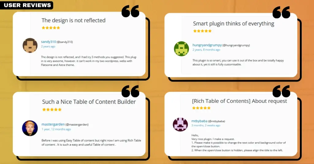 Screenshot of user reviews for the Rich Table of Contents plugin, reflecting its high user satisfaction as a leading WordPress table of contents plugin 