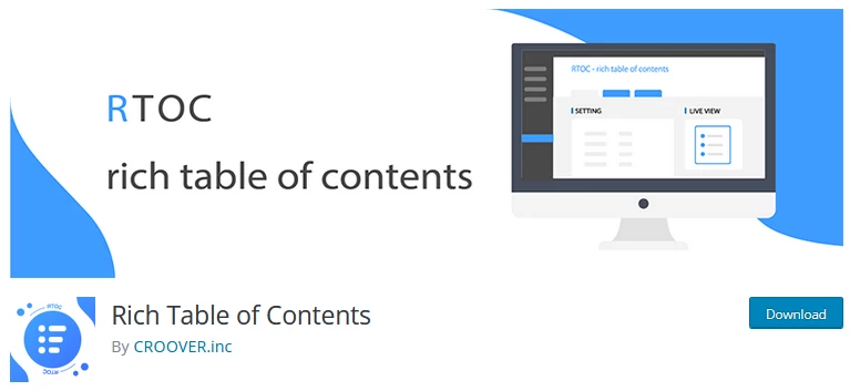 Screenshot of the Rich Table of Contents plugin's website, illustrating its features as one of the top WordPress table of contents plugins