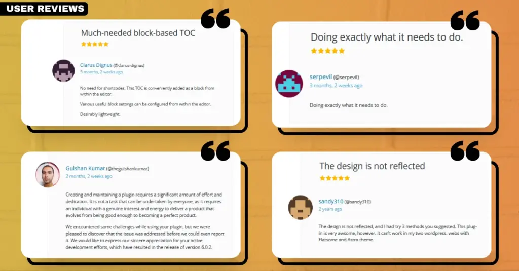 Screenshot of user reviews for the SimpleTOC plugin, demonstrating its positive reception as a preferred WordPress table of contents plugin