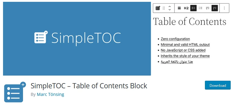 Screenshot of the SimpleTOC plugin's website, showcasing its features as one of the preferred WordPress table of contents plugins