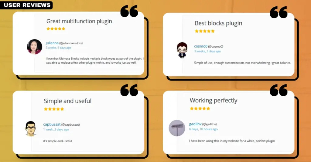 Screenshot of user reviews for the Ultimate Blocks plugin, demonstrating its positive reception and user satisfaction as a top-rated WordPress table of contents plugin 