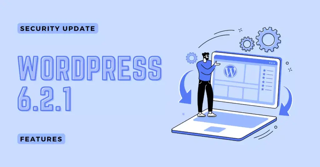 Image of a tiny man on a laptop screen, illustrating the new features of the WordPress 6.2.1 Security Release.