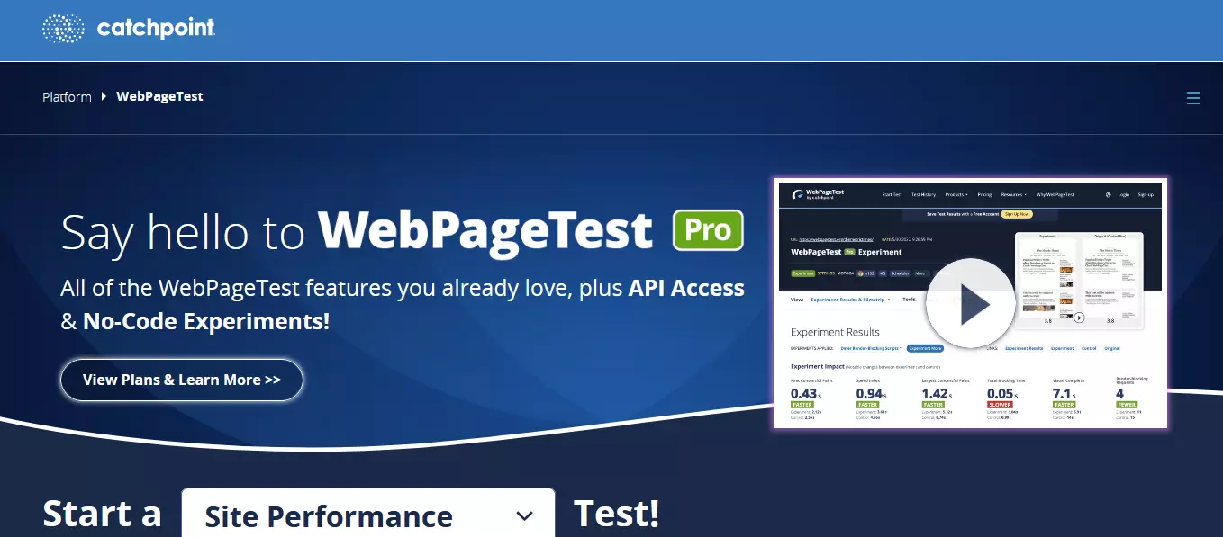 Screenshot of WebPageTest, a detailed tool for assessing and improving WordPress website speed and performance using edge computing.