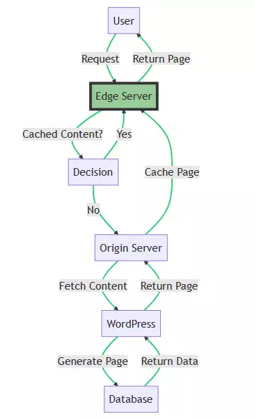 Diagram illustrating the process of edge caching in WordPress for enhanced site performance and speed.