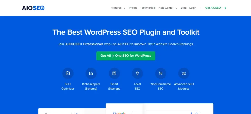 Screenshot of the AIOSEO plugin's website, showcasing its features as one of the top-rated WordPress table of contents plugins