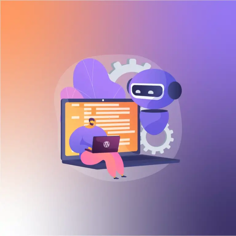 Man interacting with AI robot on laptop, demonstrating the use of ChatGPT plugins for WordPress